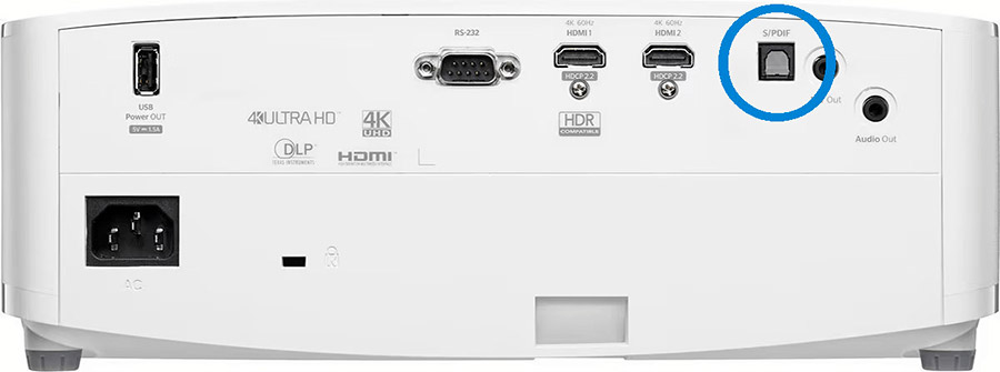 Optoma UHD38X (connectique) Vue arrière du vidéoprojecteur Optoma UHD38X avec mise en exergue de la sortie audio numérique optique (Toslink)
