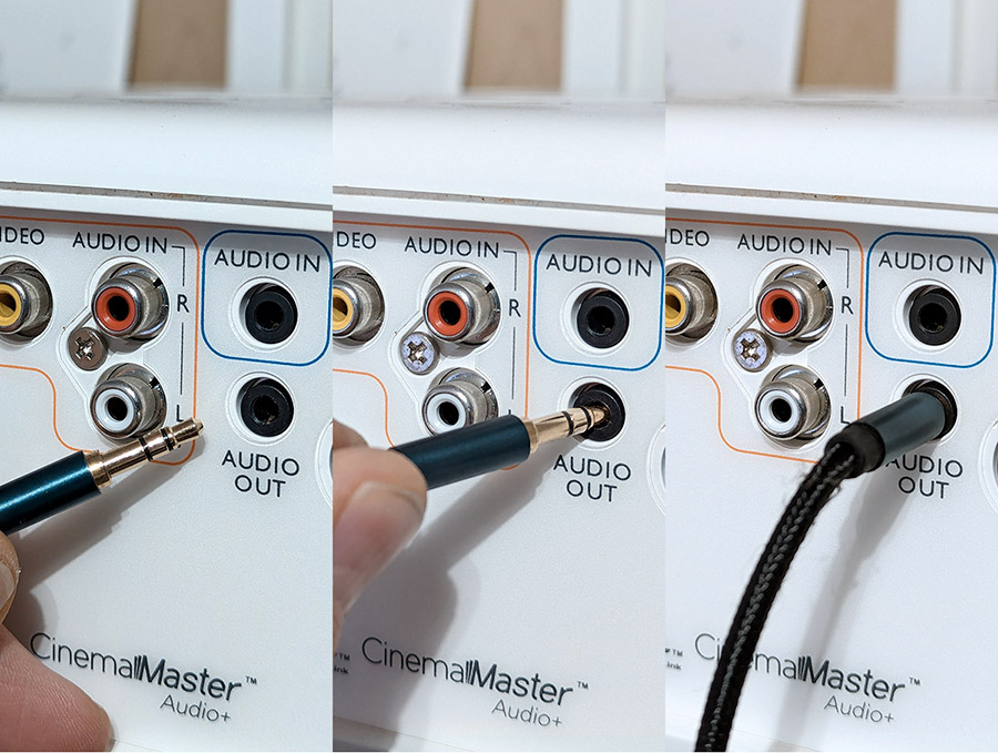 Connexion d'un câble audio mini-jack à l'arrière d'un vidéoprojecteur Connexion d'un câble audio mini-jack à l'arrière d'un vidéoprojecteur