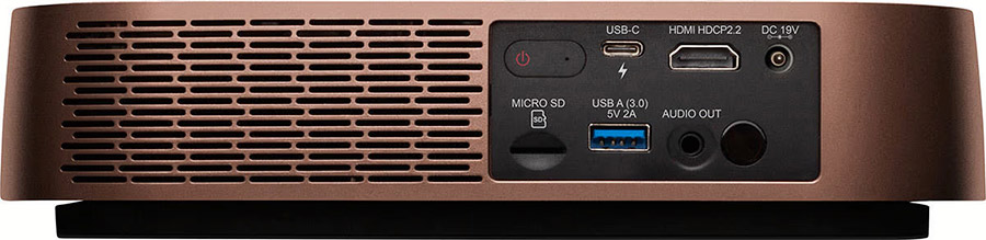 ViewSonic M2 Vue arrière du vidéoprojecteur ViewSonic M2 présentant sa connnectique, notamment sa sortie audio mini-jack