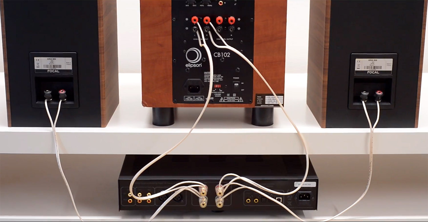 Connexion haut niveau d'un caisson de basses avec du c&acirc;ble d'enceintes classique, en parall&egrave;le d'une paire d'enceintes