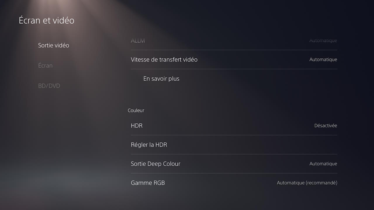 Le menu "Écran et vidéo" permet de régler le HDR de la PS5 lorsque l'écran est en mode HGiG. Le menu de réglage du HDR en mode HGiG se trouve dans les paramètres "Écran et vidéo" de la PS5.